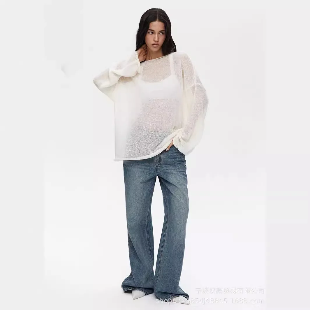 Elegant Solid Color Wool Hollow Knitted T-shirt For Women 2025 Casual Fashionable Loose Thin Women's Perspective Pullover Blouse