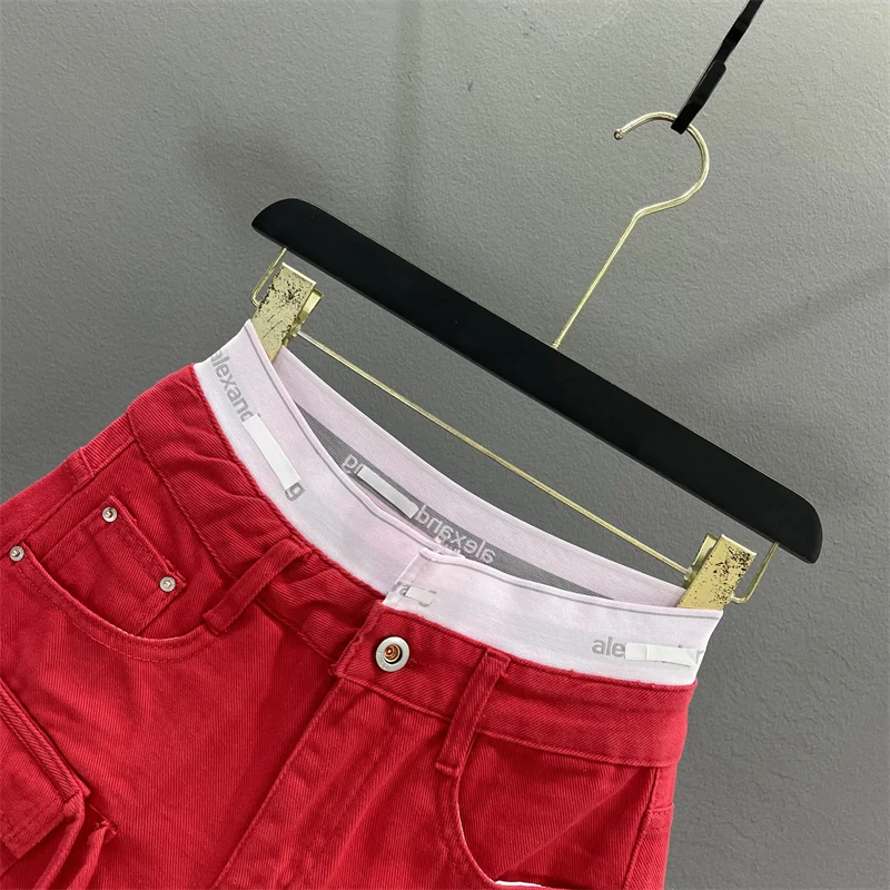 Red Cargo Shorts Patchwork Women High Waist Pockets Tassels Wide Leg Denim Shorts 2024 Summer New Fashion Streetwear Casual