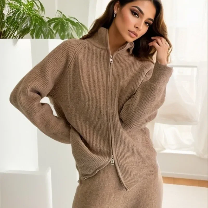 Women Two Piece Sets Full Sleeve Coats Zipper Knitted Sweaters Solid Wide Leg Long Pants Set Autumn Winter 2023 Loose Casual