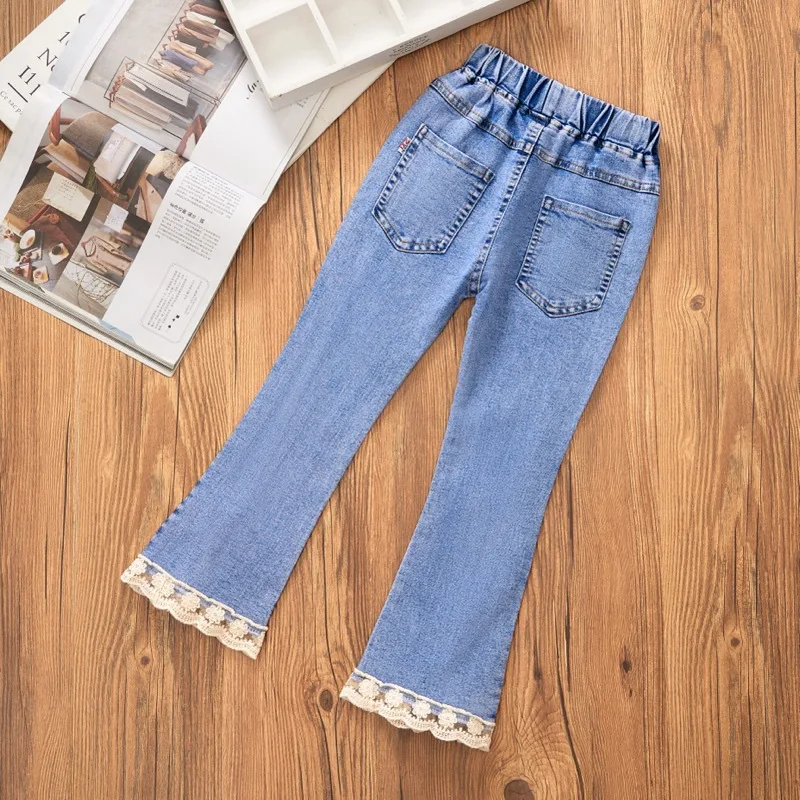 for 1-12 Years Girls Denim Pants Satin Lace Loose Wide-Legged Trousers Casual Flared Legs Britches Full Season Children\'s Wear