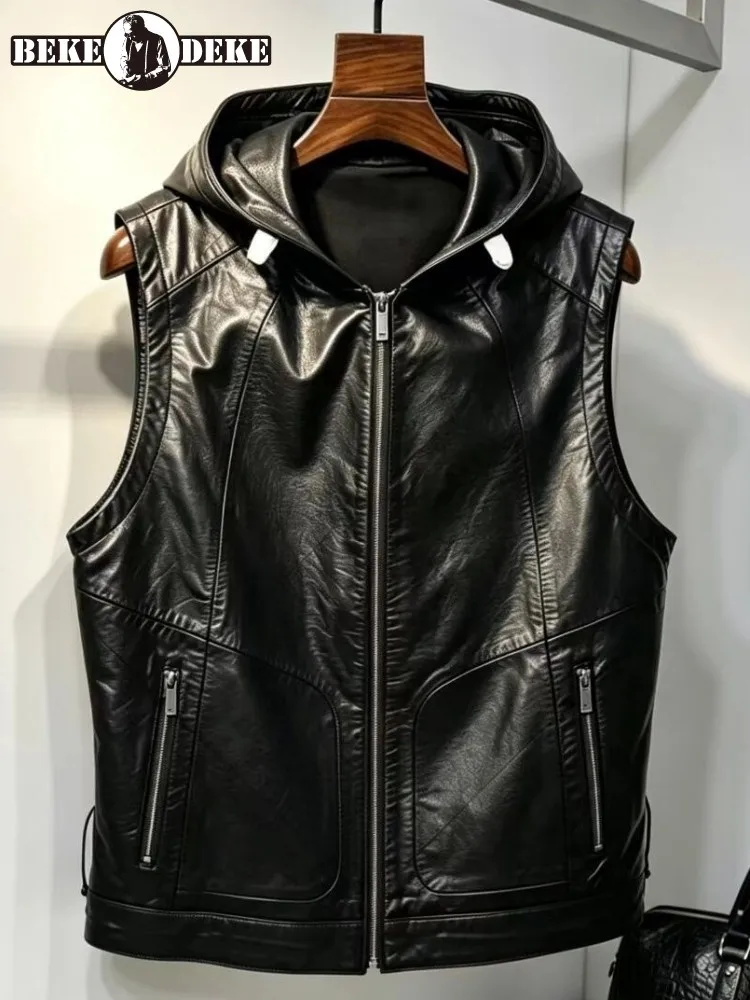 Leisure Solid Color Hooded Handmade Genuine Leather Vest Slim Zipper Pockets Cowhide Male Sleeveless Outerwear