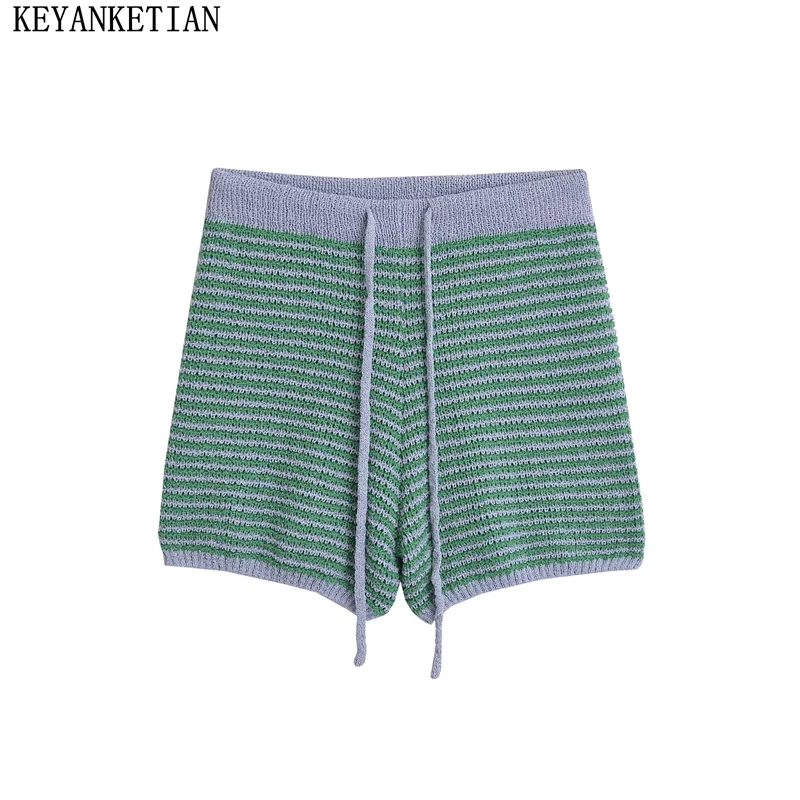 KEYANKETIAN 2024 New Launch Women's Horizontal Striped Knit Shorts Leisure style Drawstring Elastic Waist Slim Straight Pants