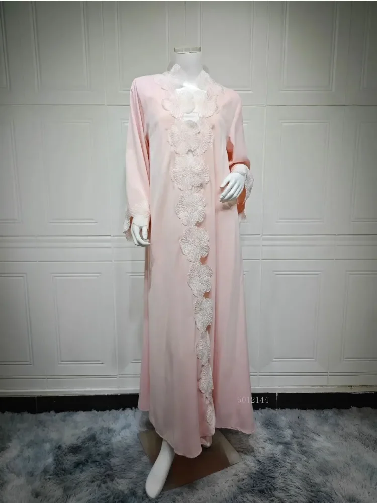 Eid Flower Women's Long Abaya Dubai Cardigan Dress Moroccan Caftan Muslim Jalabiya Ramadan Party Robe with Applique