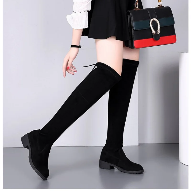 Autumn Winter 2023 Long Boots Over The Knee Flat Bottom Stretch Slim Black Boots Suede Student Low Heel Plus Size Botas De Mujer