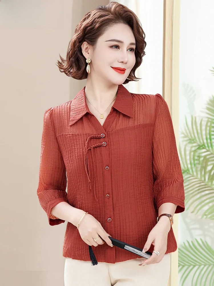 

Осенний модный новый китайский национальный трендовый комплект из двух предметов: женская шифоновая блузка с рукавом 3/4 для весны и лета