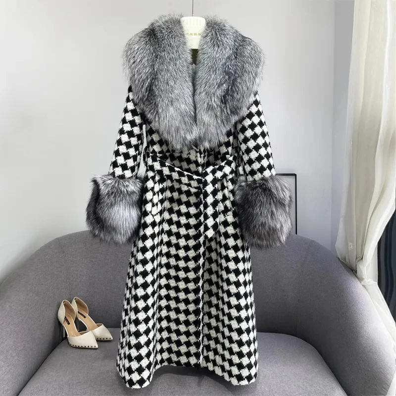 

Imitation Leather Silver Fox Fur Collar Fur Jacket Women Overcoat Long Checkerboard Cashmere Woolen Windbreaker 2023 Winter New