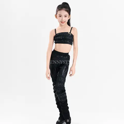 Vennystyle Latin dance costume for girls cute new 2026 summer halter neck top and shiny patent leather pants daily practice set