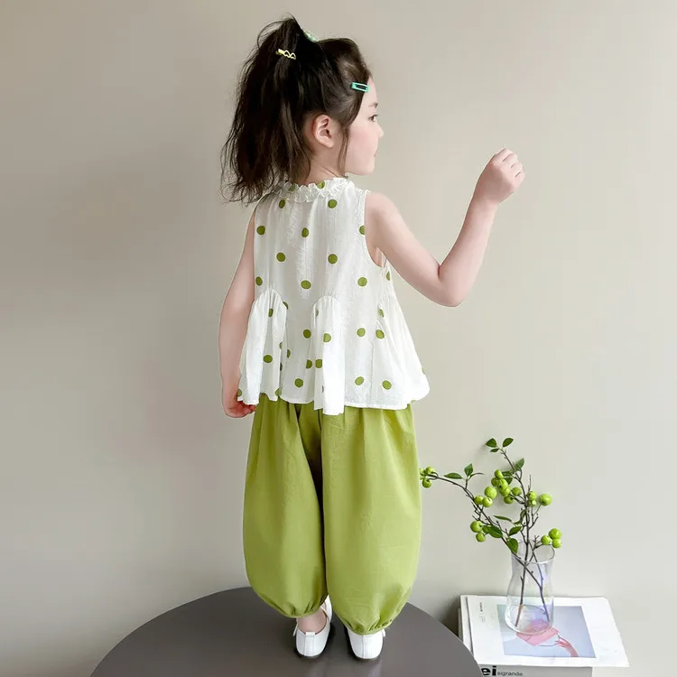 Girls' Summer Set Trendy, Baby Sweet Lace Collar Sleeveless Top, Mosquito Proof Lantern Pants Two-piece Set