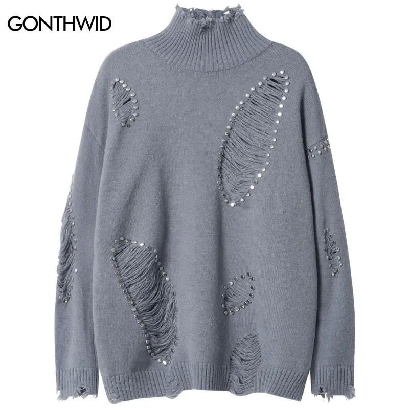 

Vintage Sweater Y2K Grunge Distressed Rivet Ripped Hole Knit Streetwear Jumper Hip Hop Casual Punk Gothic Turtleneck Sweaters
