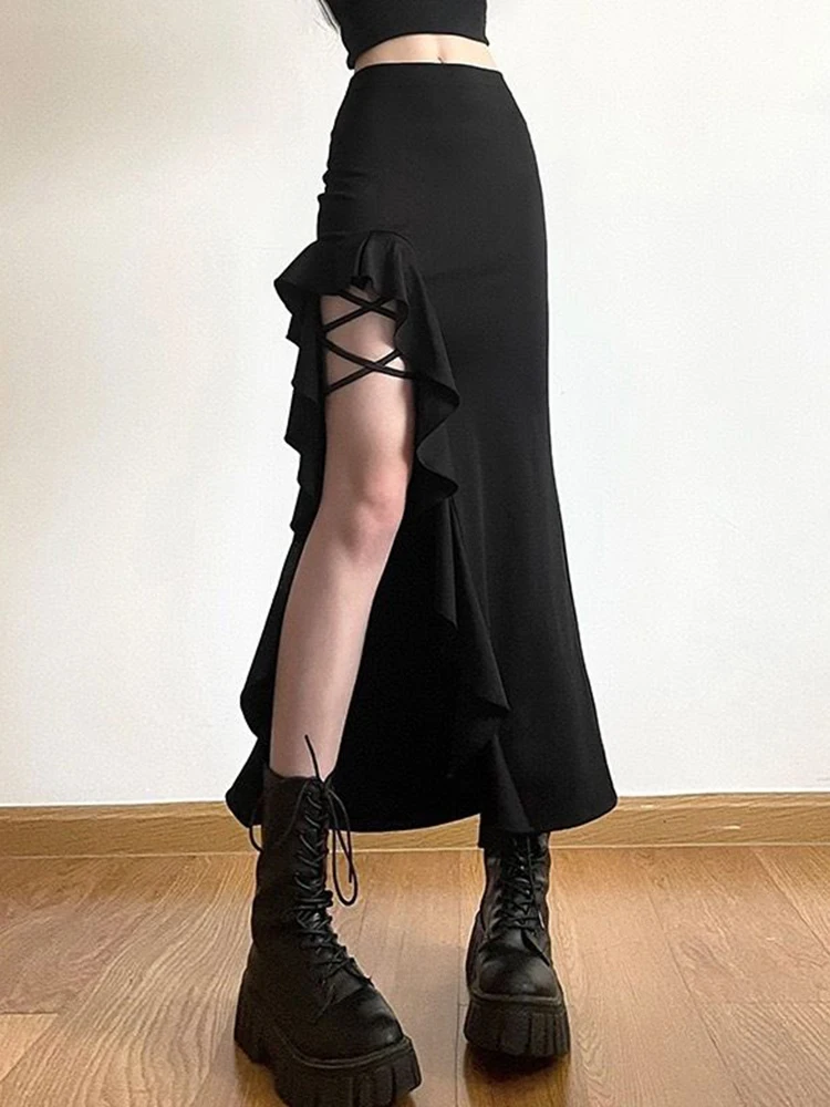 Jmprs Gothic Slit Black Long Skirts Women High Waist Slim Streetwear Y2K Skirt Harajuku Vintage Hip Hop Sexy Irregular Skirts