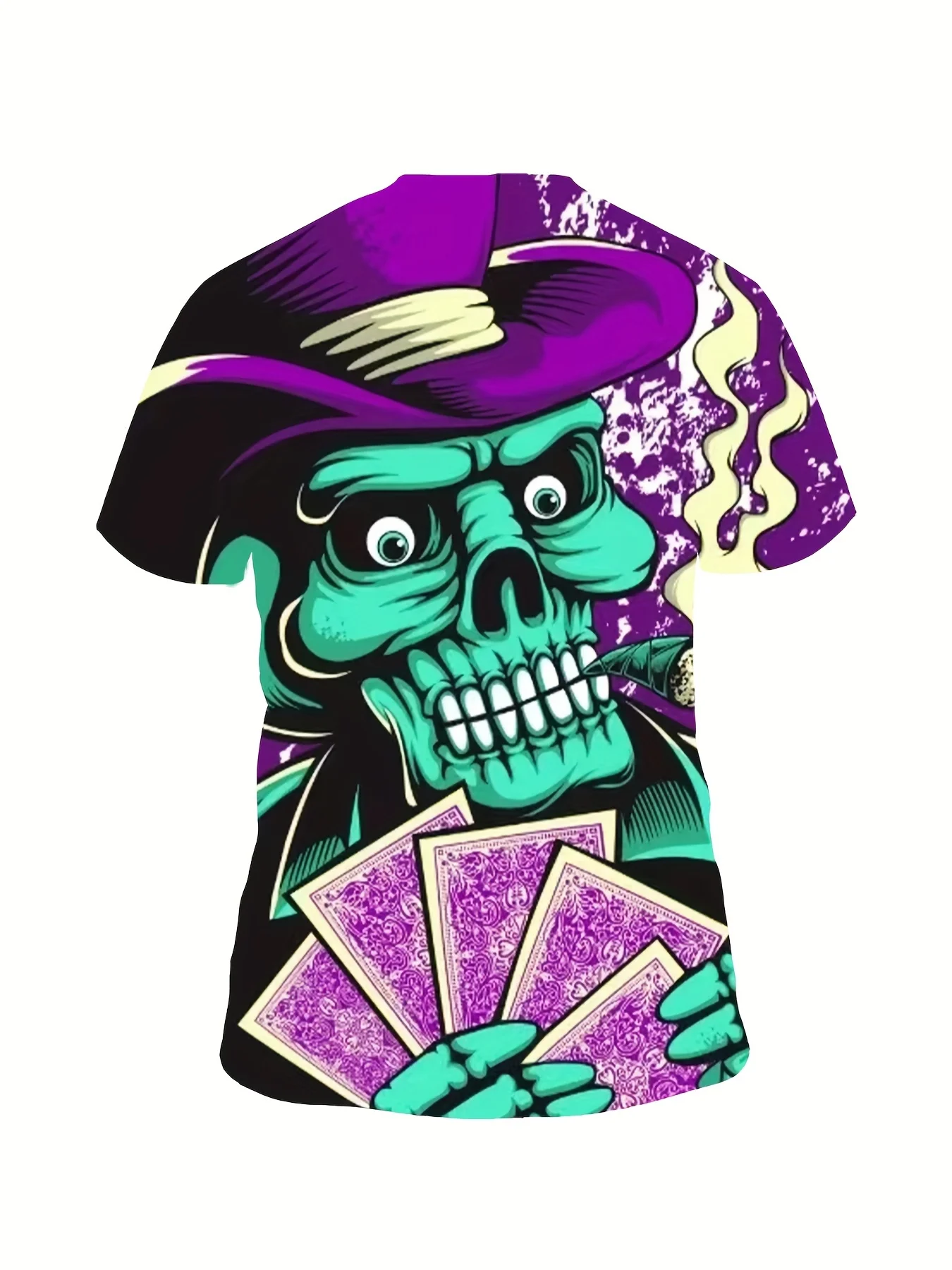 Mens Skeleton Gambler Poker All‑Over Printed T‑Shirt, Cool Skull Cowboy Hat Card Pattern Short‑Sleeve Crew Neck Casual Daily Tee