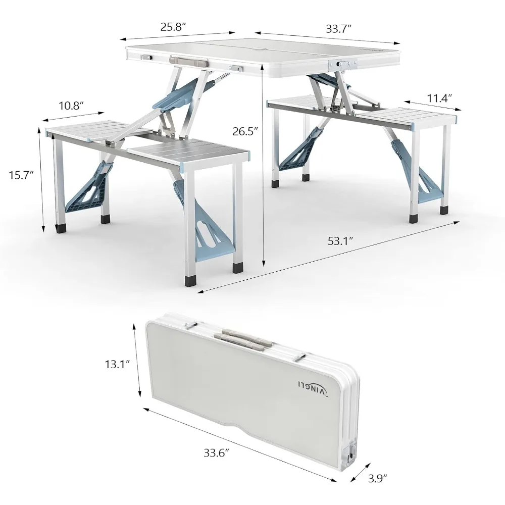 4Ft Folding Camping Picnic Table with Seats/Umbrella Hole-265 Lbs Support That Lightweight and Fold Up Card Suitcase Table Alum image 2