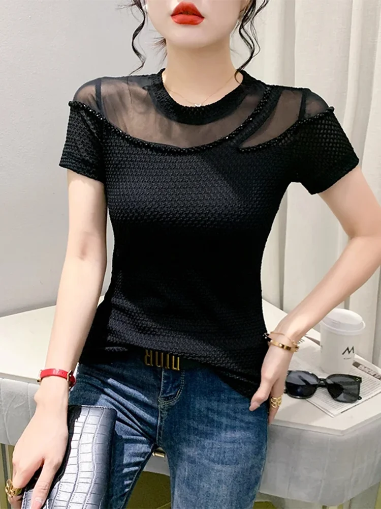 

Winsleter Women Sexy Hollow Out Lace Beaded Slim Mesh Top Summer European Clothes O Necks T-Shirt Short Sleeves Basic TeeT34834M