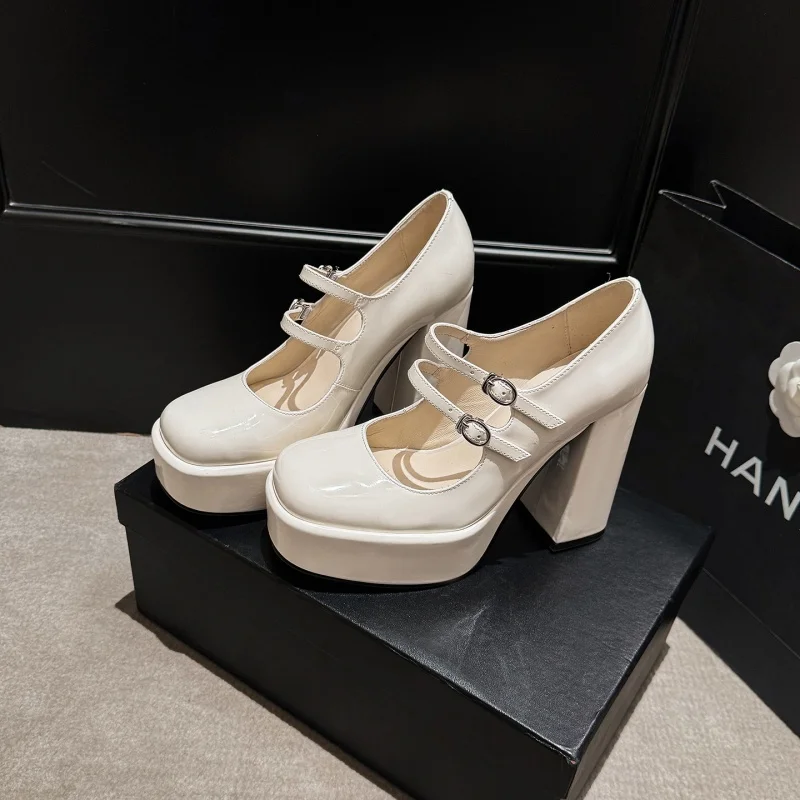 MKKHOU Fashion Pumps New High Quality Genuine Leather Shoes Double breasted Thick soled High Heels Women's Heels Shoes