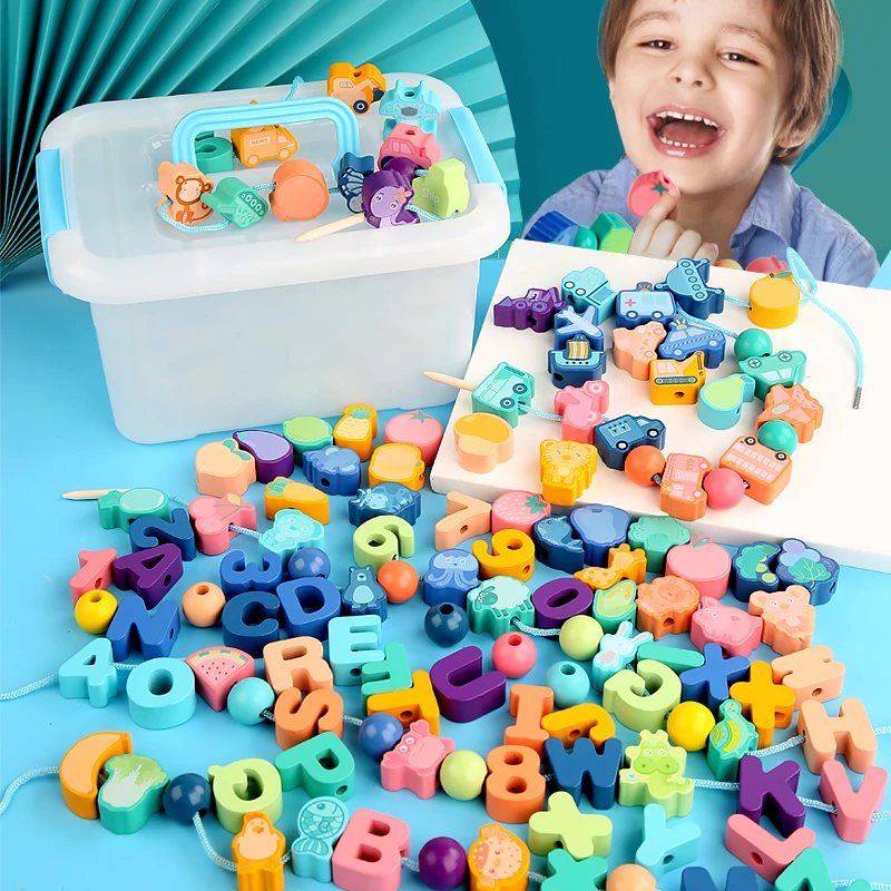 Monterssori Baby DIY Wooden Toys Cartoon Fruit Animal Stringing Threading Wooden Beads Educational Toys for Kids Christmas Gift