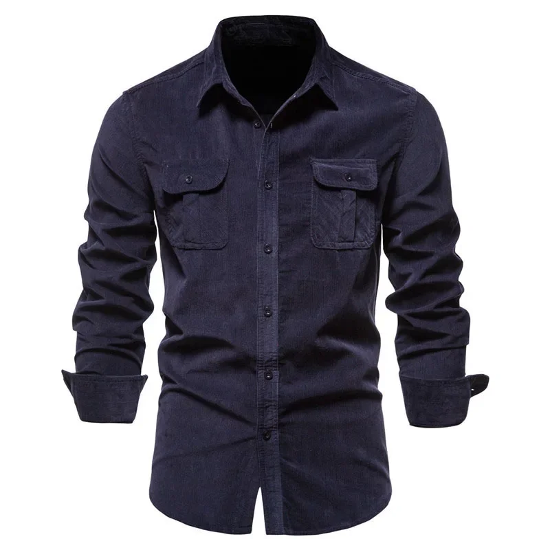 Quality New Single Breasted 100% Cotton Men\'s Shirt Business Casual Fashion Solid Corduroy Men Shirts Autumn Slim Shirts