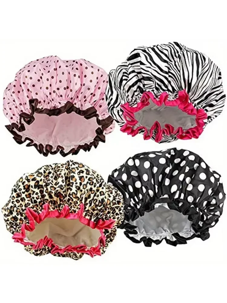 Waterproof Shower Cap Leopard Print Double Layer Elastic Shower Hair Cover Reusable Wave Point Shower Cap Bathroom Supplies