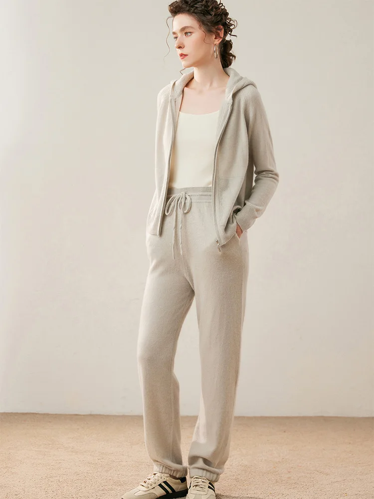 

2025 Basic Women's Tracksuit Autumn Winter Casual 100% Cashmere Hooded Cardigan Sweater Zipper Soft Warm Knitwear Two Pieces Set
