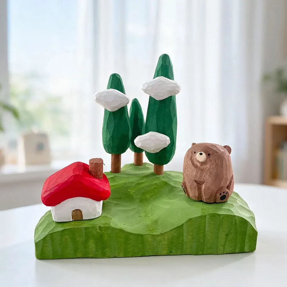 Hand‑Carved Wooden Forest Cottage Ornament Red Roof Cottage Tree Figurine Desktop Home Decor Craft Gift for Housewarming