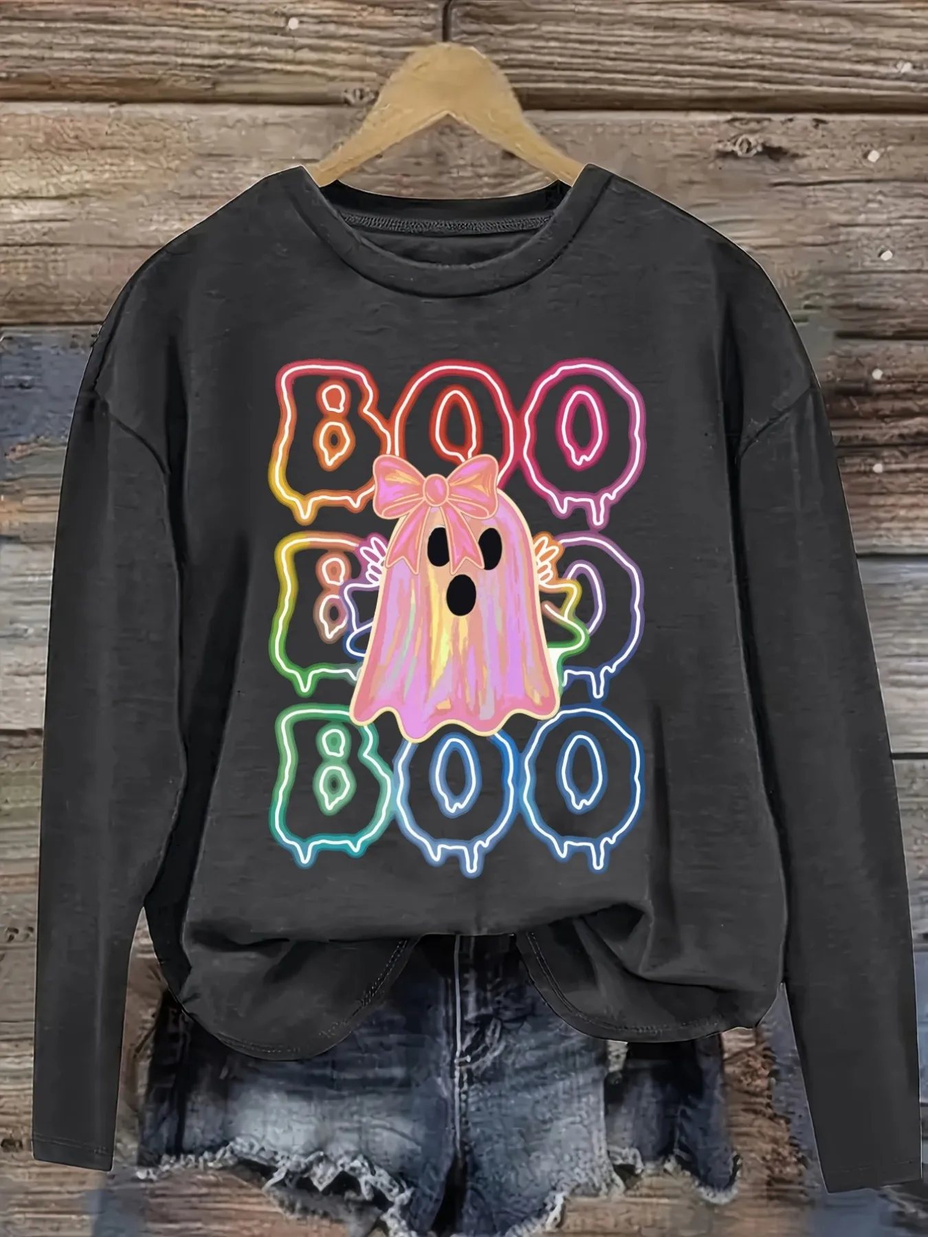 Women's Casual Long Sleeve Crew Neck T-Shirt Rainbow Boo Ghost Print Design Design, Round Neck Women's Clothing, Machine Washable, Slightly Elastic, Loose Fit, Spring Autumn Winter Women's T-Shirt, Halloween Costume Outfit