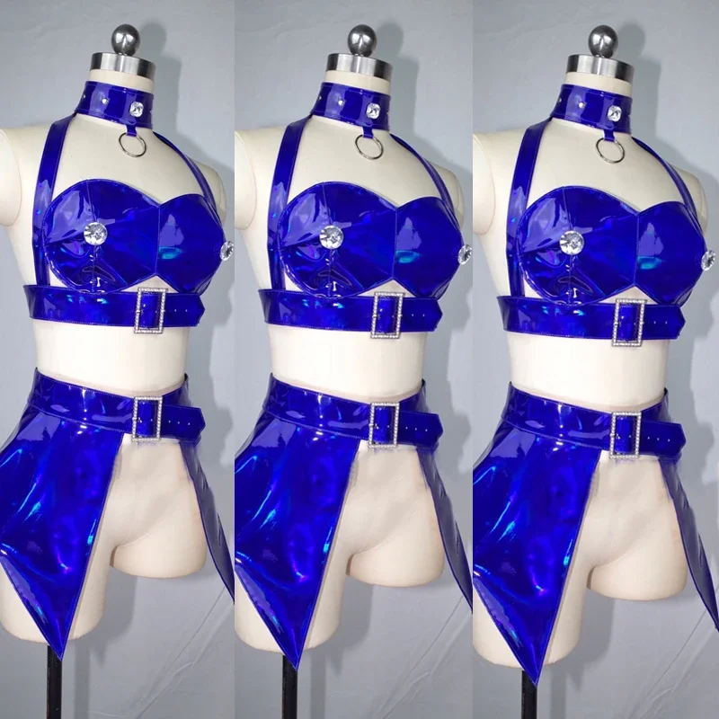 

Sexy Singer stage costume Gogo Costumes Blue Patent Leather Laser Pole Dance outfit