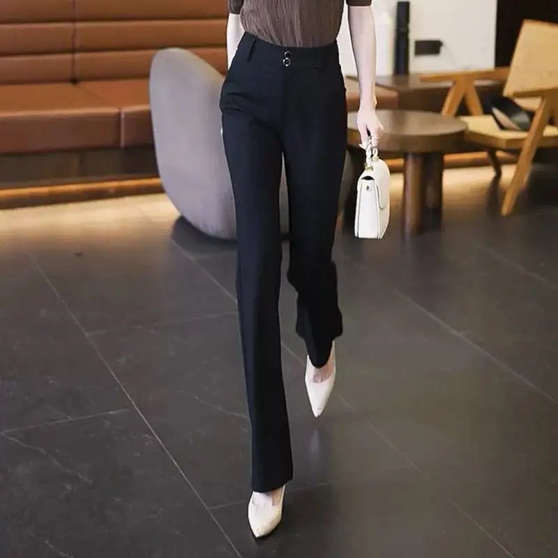 Women\'s Clothing Spring Autumn Solid Color High Waisted Button Pockets Casual Elegant Trousers Straight Office Lady Pants