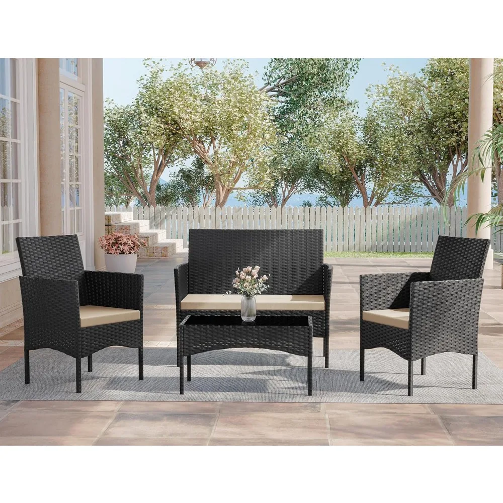 

Patio Furniture Set 4 Pieces Outdoor Rattan Chair Wicker Sofa Conversation Sets w/Coffee Table, Rocking Bistro Set, for Patio La
