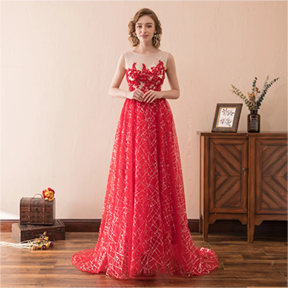 

Exquisite Sequined Crystal Off the Shoulder Tulle Evening Dress Fashion A-Line Floor Length Crew neck Sleeveless платье вечернее