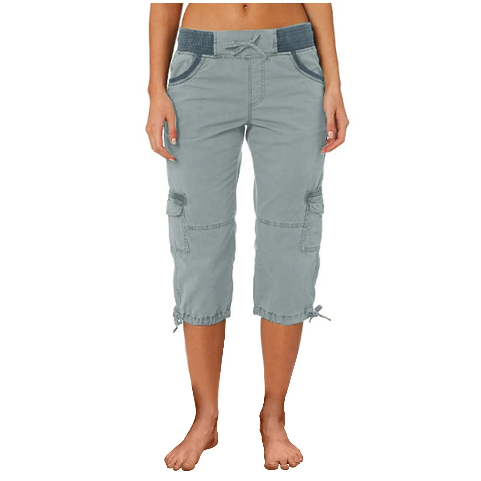 2026 Women's Summer Casual High Waist Drawstring Pocket Workwear Pants Solid Loose Wide Leg Extendable Cuffs 7-inch Pants Female