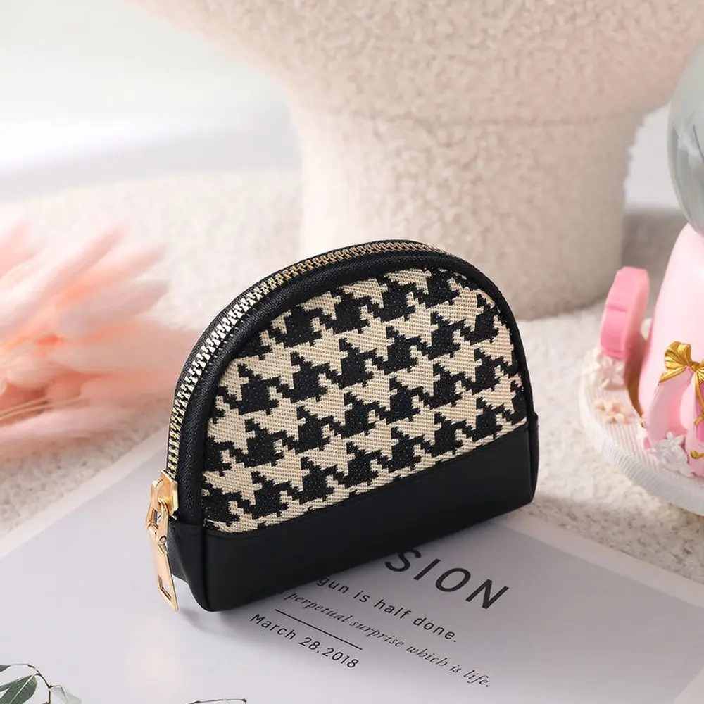 Houndstooth Fabric Embroidery Women Coin Purses Canvas Leather Card Holders Bags Double Layers Zipper Mini Key Wallet