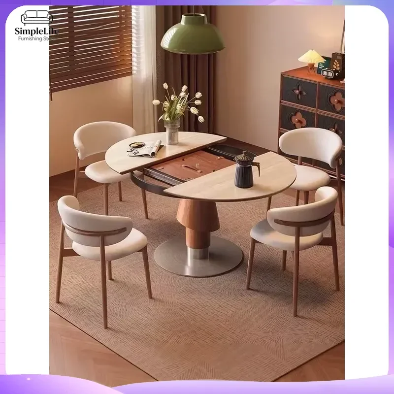 Modern Extendable Dining Table Round Travertine Top Solid Wood Folding Variable Kitchen Furniture High End Luxury Home Decor