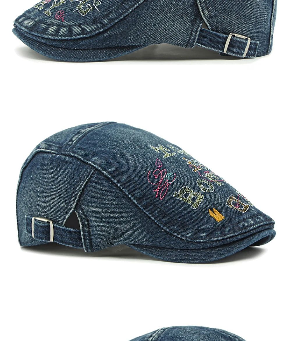 HT4739 Hochwertige Bestickte Buchstaben-Denim-Baskenmütze für Herren und Damen, Retro Künstler-Malermütze, Herren- und Damen-Ivy-Flatcap, Baskenmützen – Detail 12
