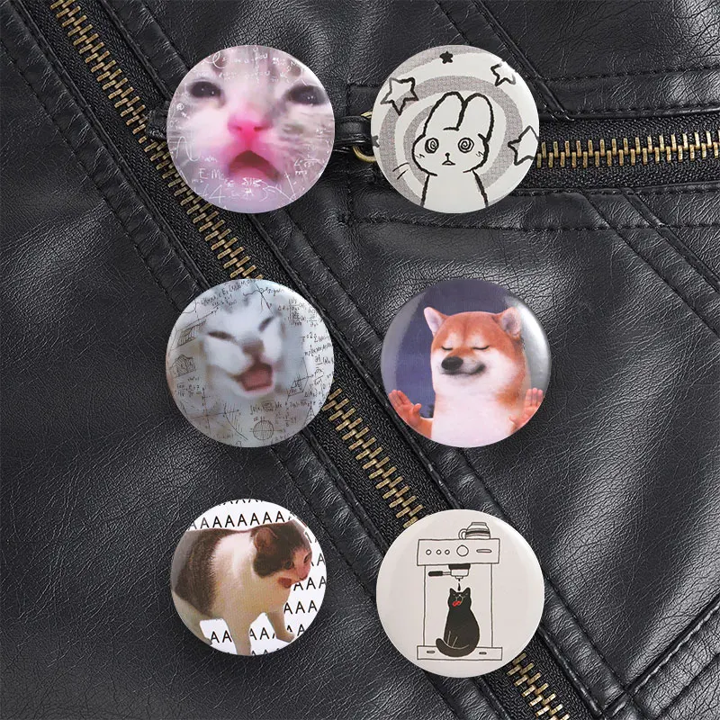 Whining Rabbit Screaming Cat Shiba Inu Button Pin Funny Meme Tin Badge for Animal Lovers Backpack Jacket Daily Wear Style