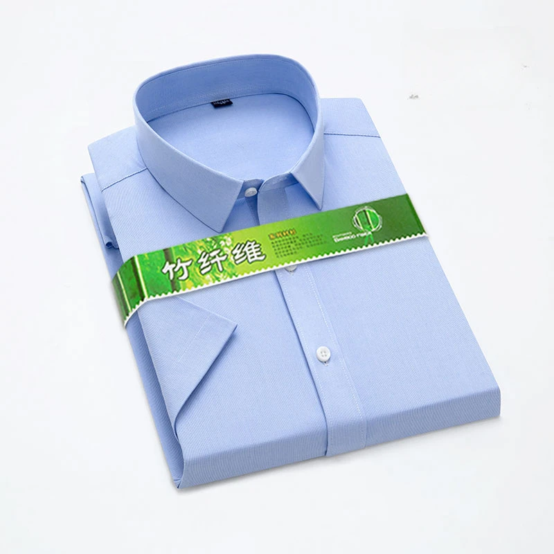 New in shirt Bamboo Fiber elastic short sleeve shirts for men solid color slim fit formal plain shirt green white office clothes