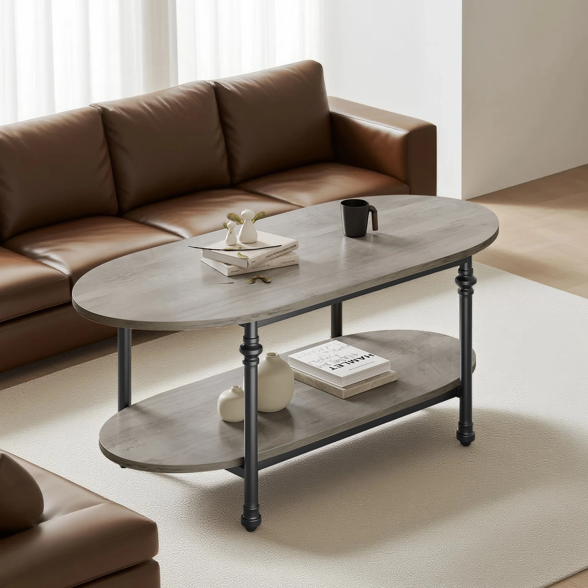 Modern Oval Coffee Table, 48 Inch Fluted Gold Metal Frame, Faux Marble Top | with Drawer & Open Storage Shelf, Curved Cocktail Center Table for Living Room