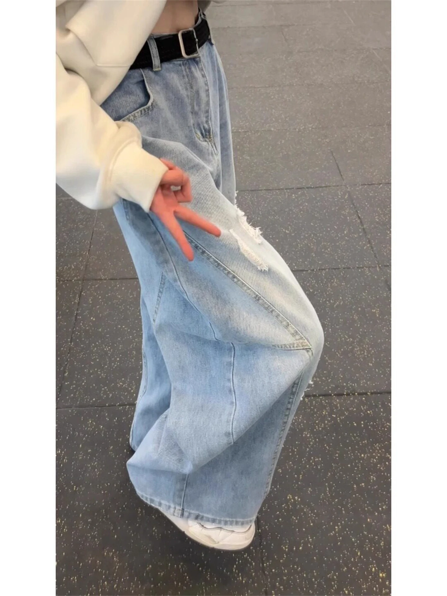 Light Blue Ripped Denim Jeans Men's Style Cleanfit Wide Leg Pants American High Street Micro Flare Long Trousers Casual Fashion