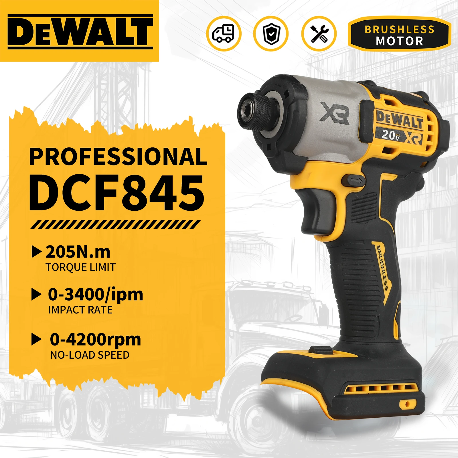 

Бесщеточный ударный гайковерт DEWALT 20V DCF845 - Высокий крутящий момент 205 Нм, регулируемая скорость 3400 об/мин, 3 режима работы, аккумуляторный шуруповерт, только инструмент