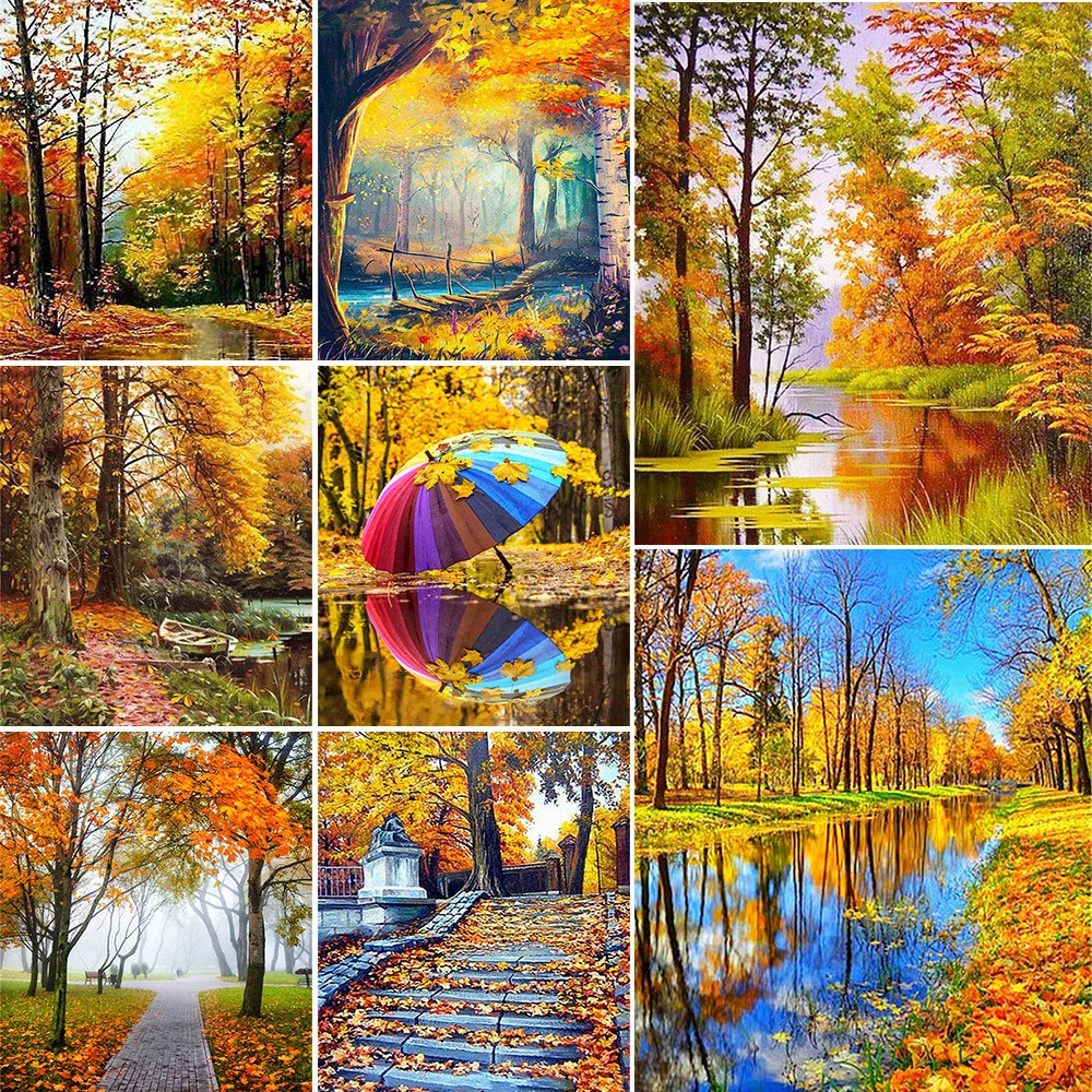 Autumn Forest Landscape Pre-Printed Cross Stitch Embroidery Set Handicraft Painting Needlework Hobby Room Decor Stamped Needle