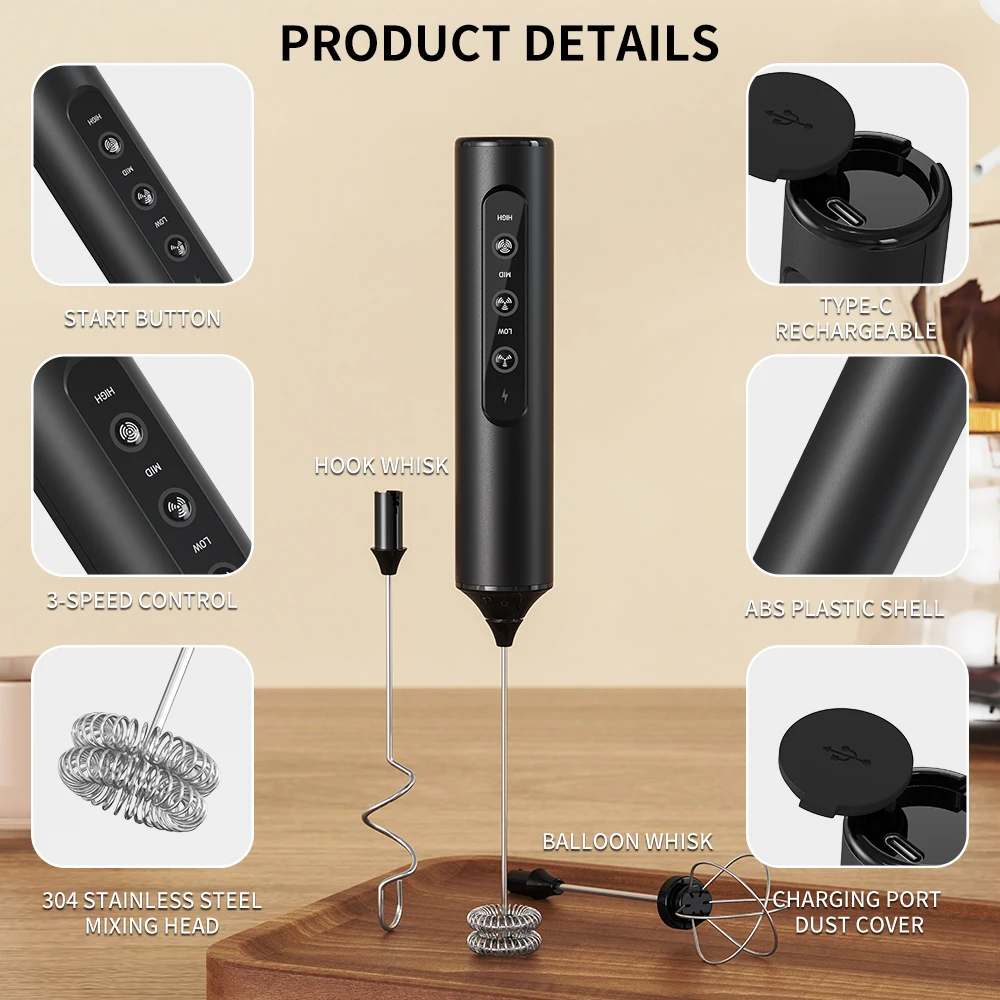 3 in 1 Electric Handheld Milk Frother 3 Adjustable Speeds Mini Hand Mixer Detachable Stainless Steel Whisk Home Kitchen Use Tool