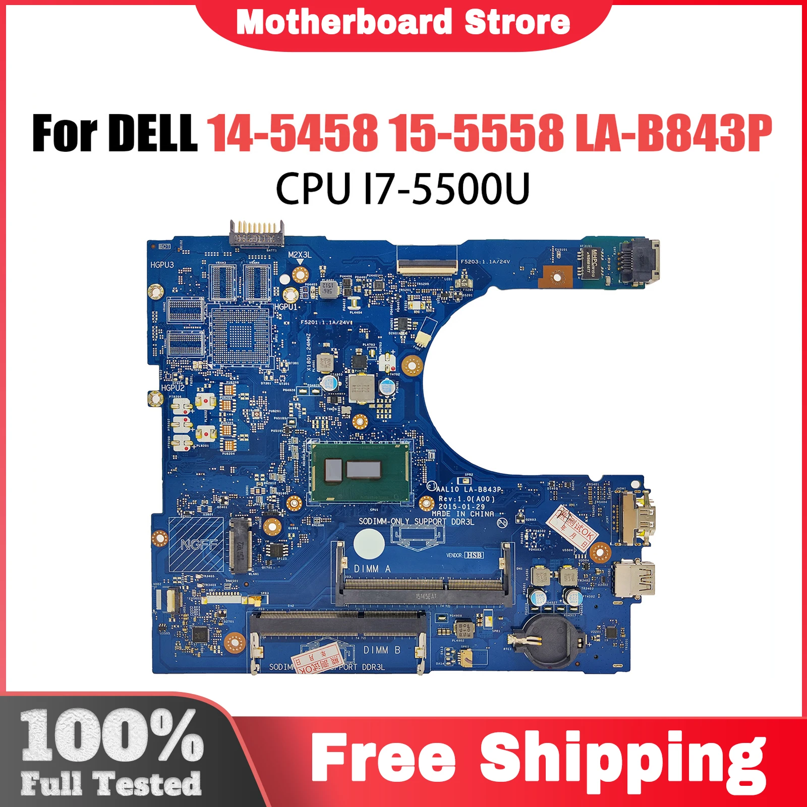 FOR Dell Inspiron 14 5458 15 5558 Laptops Motherboard AAL10 LA-B843P With I7-5500U CPU CN-0XCFXD