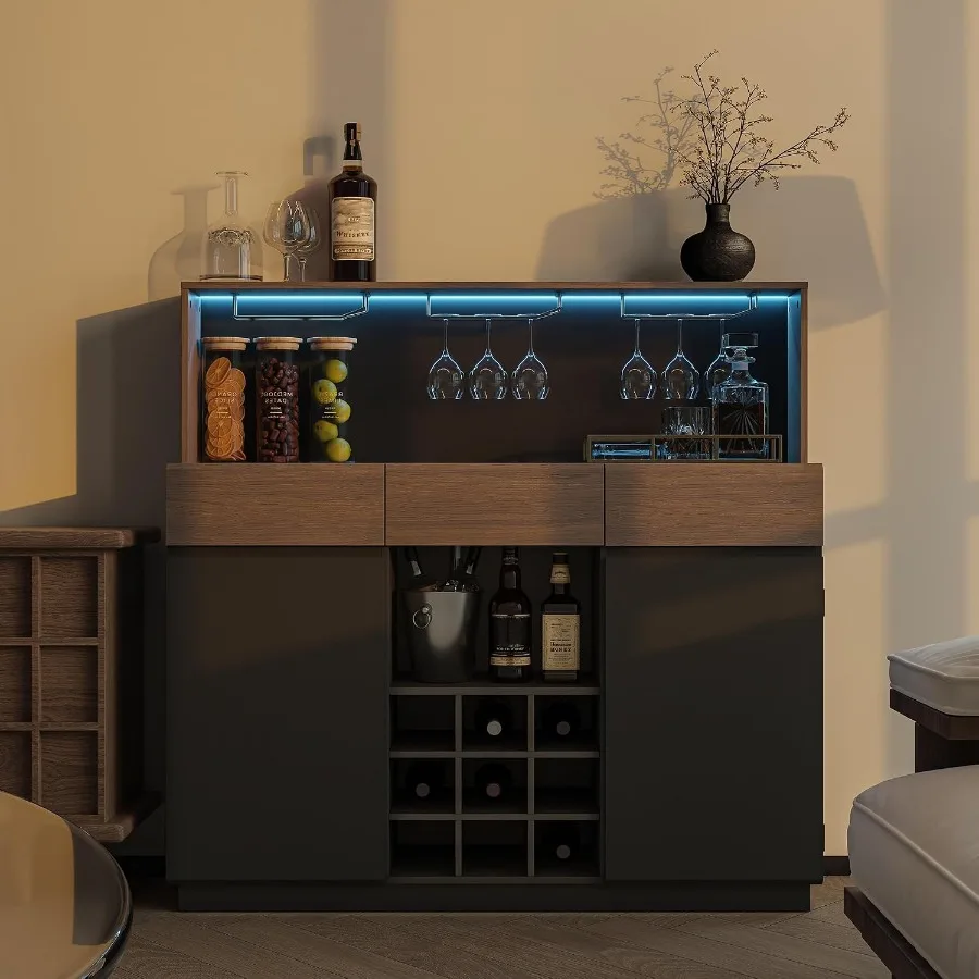 Wine Cabinet with 3 Drawers, Coffee Bar Cabinet with LED Lights, Stemware Holders Wine Racks, Home Bar with Charging Station fo