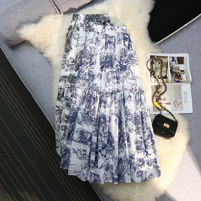 Elegant Animal Ceramic Flower Skirt Women's Spring Summer 2025 Ink Painting Hepburn A- Line Printed Pleated Midi Skirt