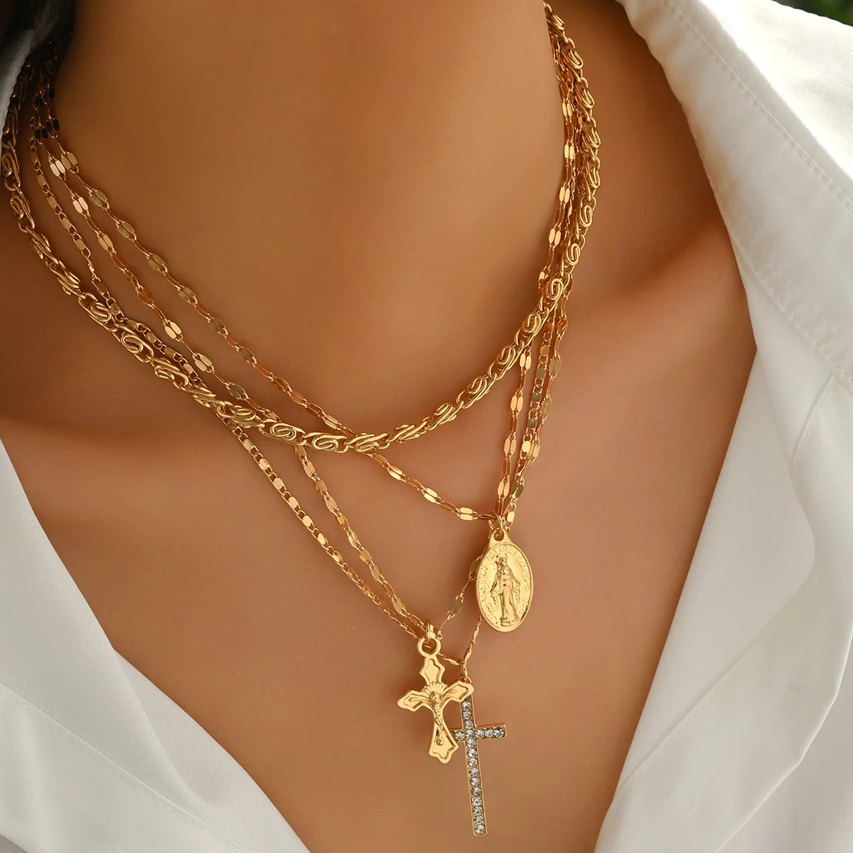 Vintage 4 Layer Gold Chain Virgin Mary Medal Cross Pendant Rhinestone Cross Necklaces Women Religious Daily Jewelry