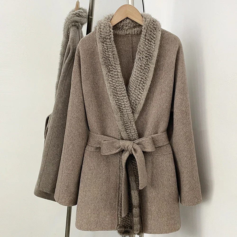 Luxury Wool Coat with Fur Trim Belted New Winter Clothes Women Natural Fur Wool Blend Placket Real Mink Fur Collar Mid Length