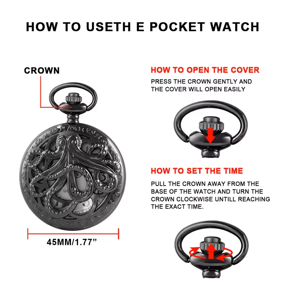 Vintage Punk Black Octopus Creative Flap Quartz Pocket Watch  Pendant Necklace Men's Children's Gift image 5