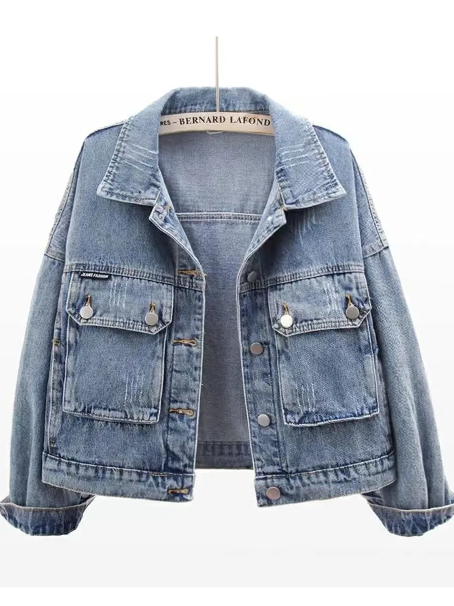 

Vintage Denim Jacket Women Big Pocket Korean Fashion Short Jeans Coat Female Casual Loose Spring Autumn Outerwear