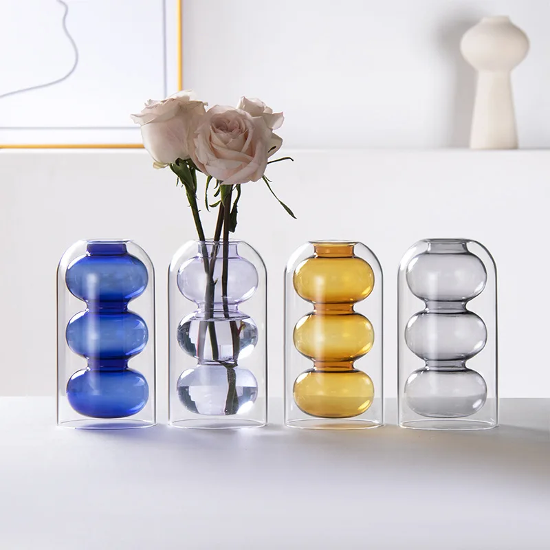 Minimalist Double-layer Glass Vase.transparent Flower Arrangement Vase For Luxury Use.hydroponic Green Plants Tabletop Ornaments
