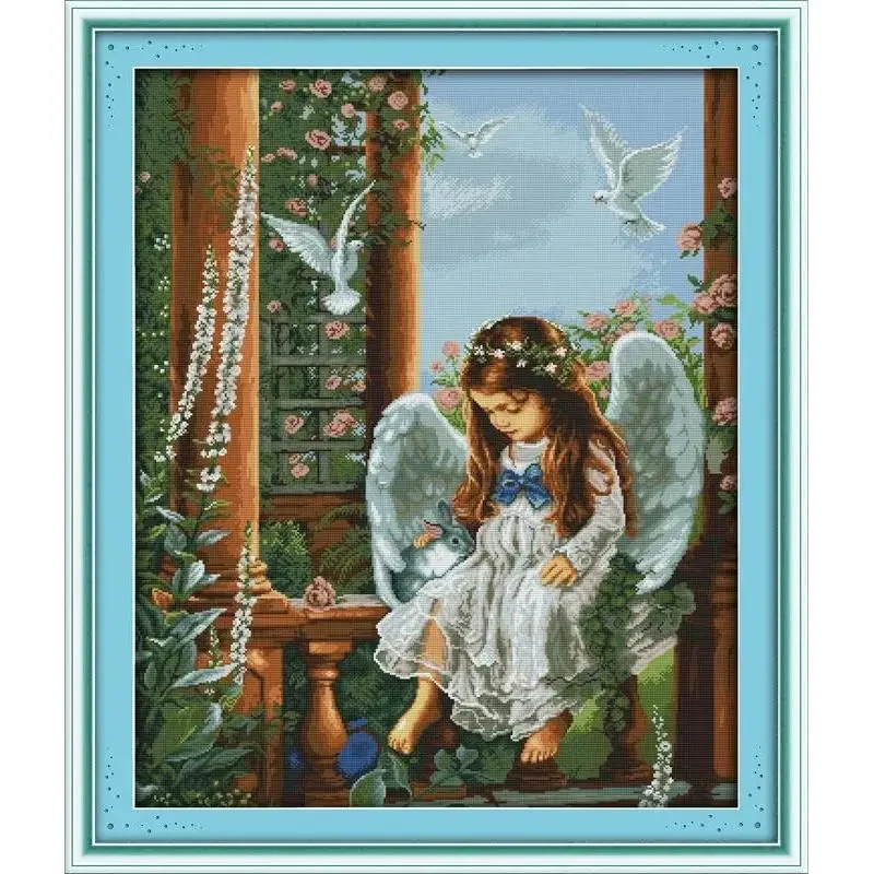 Joy Sunday News Printedd Cross Stitch Kit,  Easy Pattern With Aida and DMC Threads  Stamped Fabric Embroidery Set-Love Angel