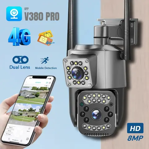 4G 카메라 8MP 듀얼 렌즈 감시 카메라 동작 감지 HD 컬러 야간 투시 PTZ 모니터 V380Pro 실외 IP 보안 CCTV
