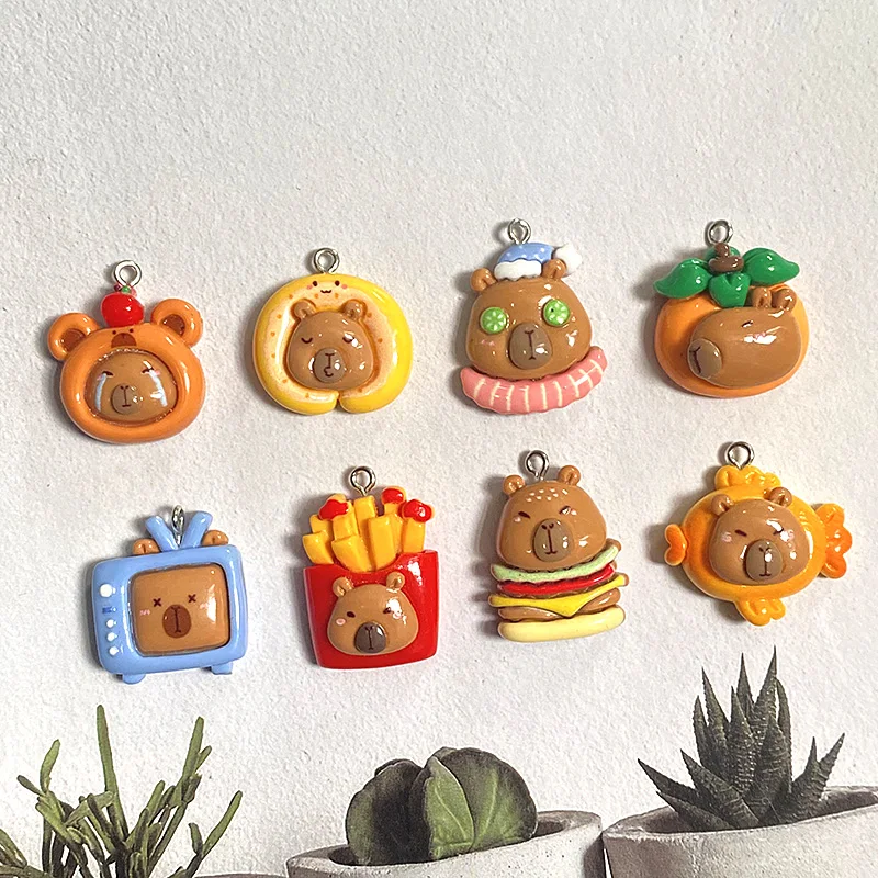 Breloques en résine Capybara paresseux lumineux, gâteau de poisson de dessin animé Kawaii, hamburger, frites, pendentif, accessoire, boucle d'oreille bricolage, fabrication de bijoux, 10 pièces